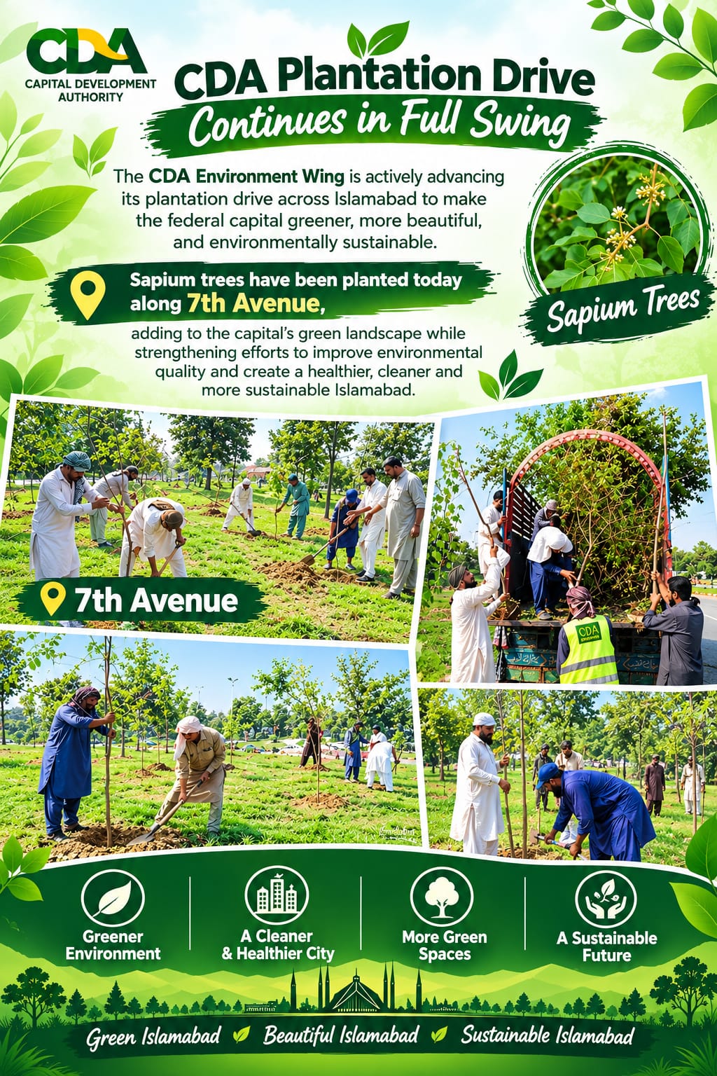 CDA Plantation Drive Continues in Full Swing to Make Islamabad more Greener, Beautiful and Environment Friendly Capital