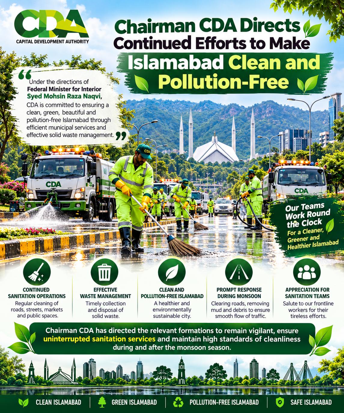 CDA Intensifies Citywide Cleanliness Drive to Make Islamabad more Cleaner, Greener, Pollution-Free and Safer Capital